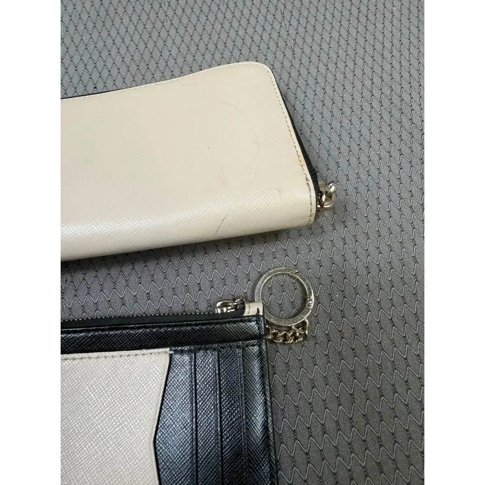 Kate Spade Wallet Womens One Size Beige Black Leather Zip Around Card Case